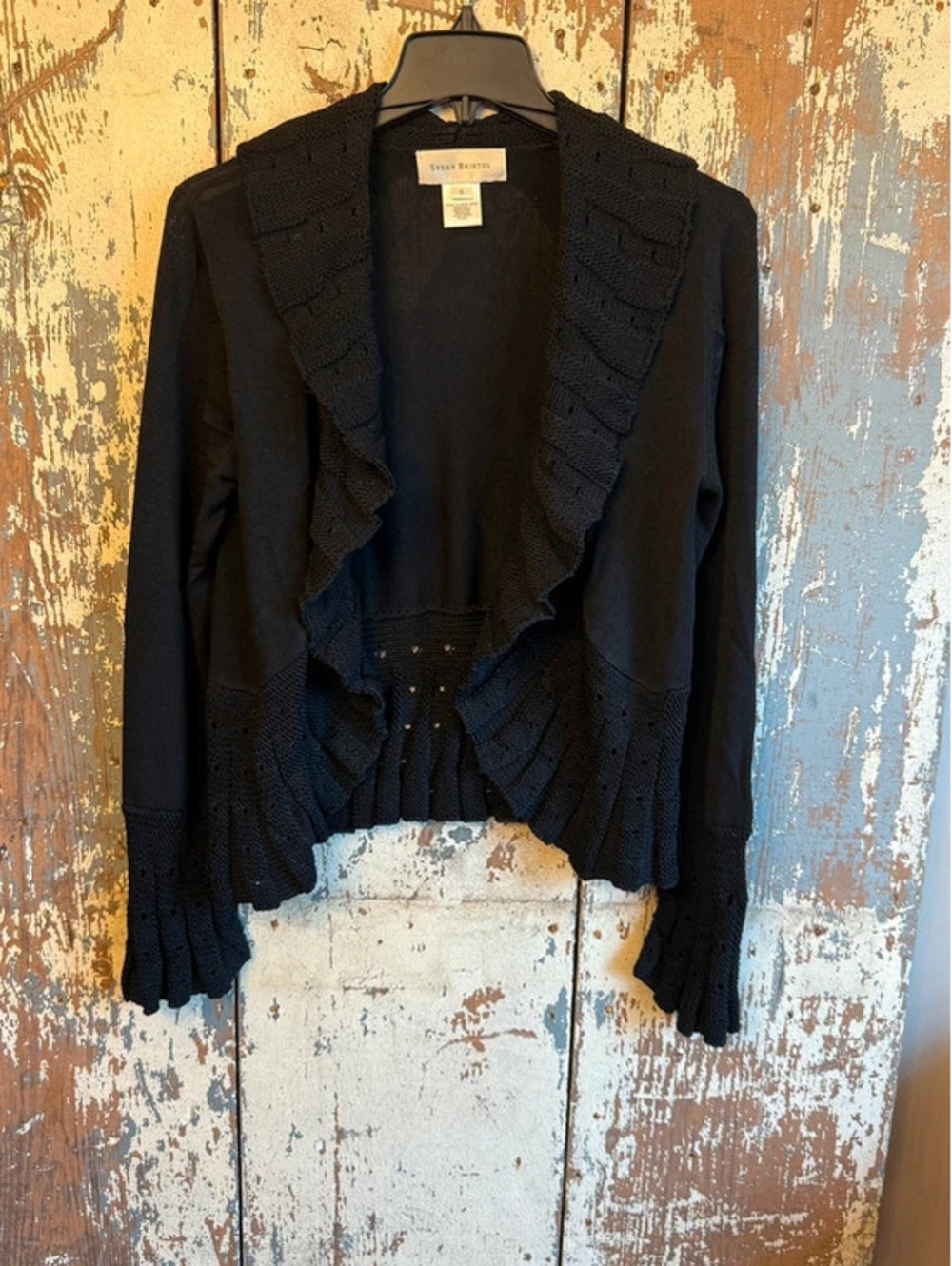 Susan Briston Black Open-Front Cardigan, ruffled, textured, size small